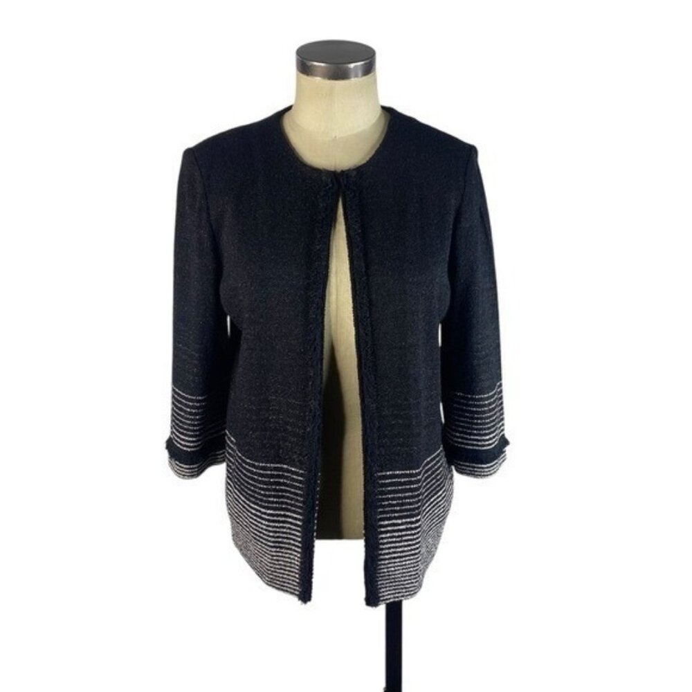 MING WANG Clasp Front Fringe Trim Cardigan Sweater Jacket Medium Black Silver